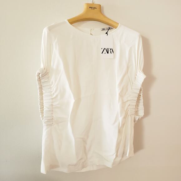 ZARA Ruched Sleeve Blouse White Viscose Size Medium - Picture 9 of 11
